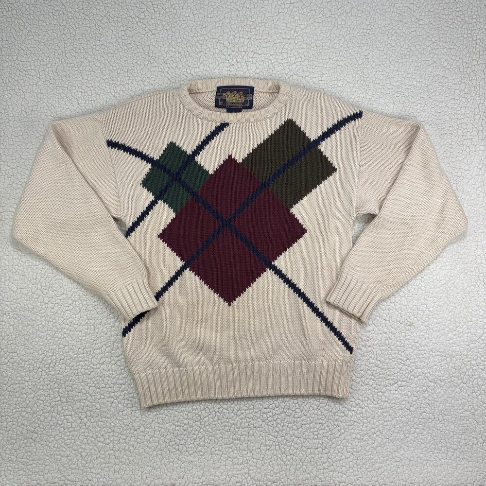 Vintage Chaps Ralph Lauren Sweater Mens Large Cream Oversize Argyle 100% Cotton